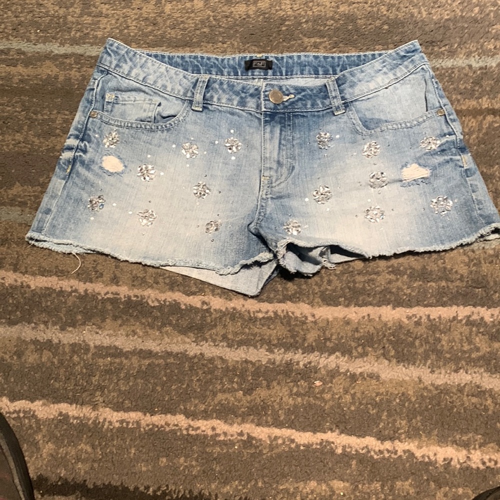 F&F Women’s Light Wash Jean Cut Off Clear Beaded Shorts